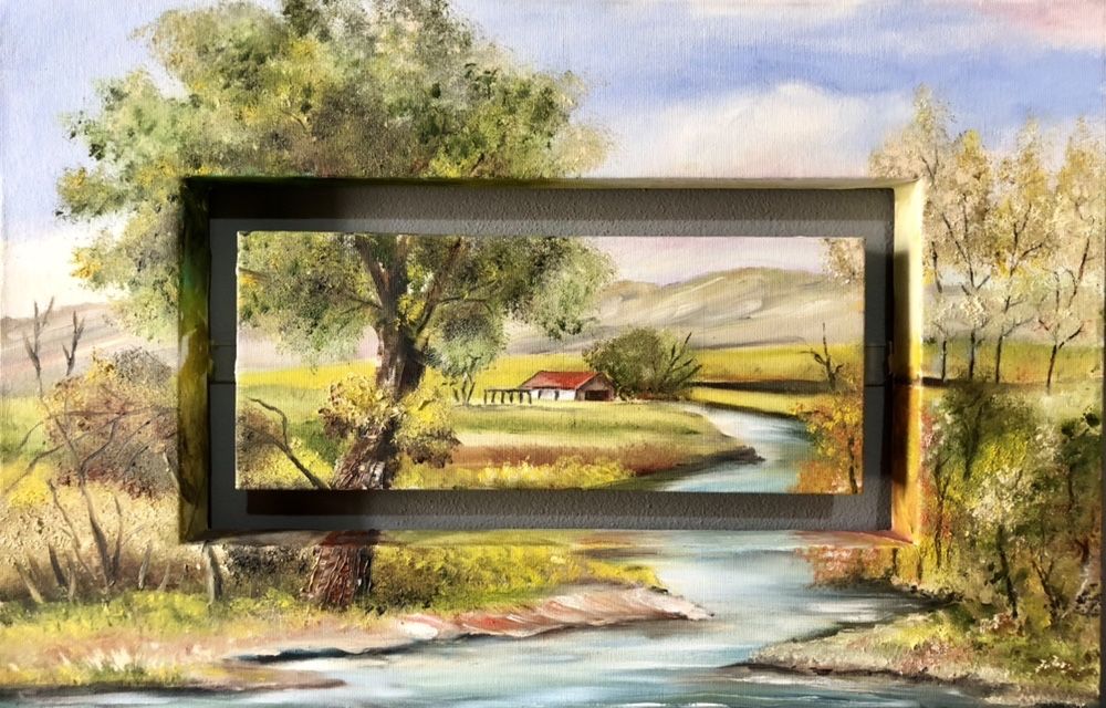 Quadro Tela Yvone Original Assinado Motivo “Paisagem Riacho e Casa”