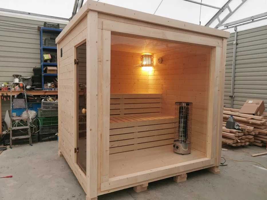 SAUNA zewnętrzna OGRODOWA 2,5x2,3 m Ocieplona +Piec + Witryna