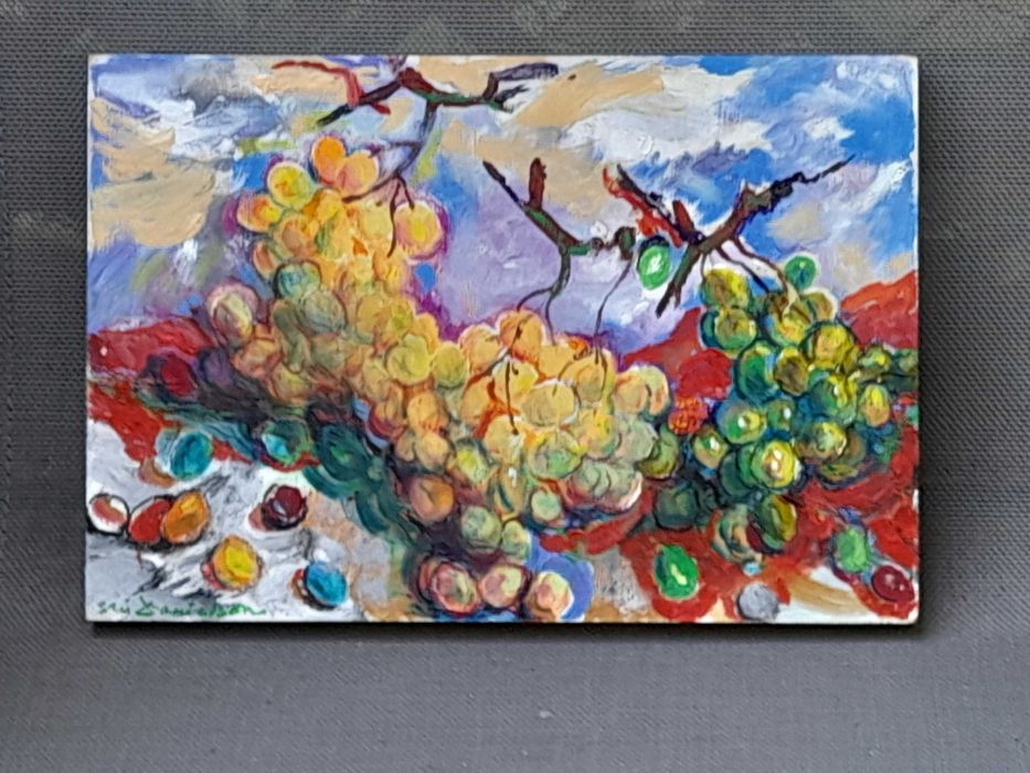 Winogrona, obraz olejny na gipsowej płycie, sygnowany