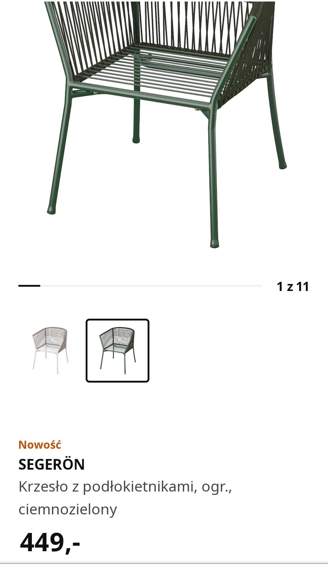 Nowy 1/2 ceny SEGERÖN Z IKEA fotel krzesło ogrodowe org. ciemnozielony