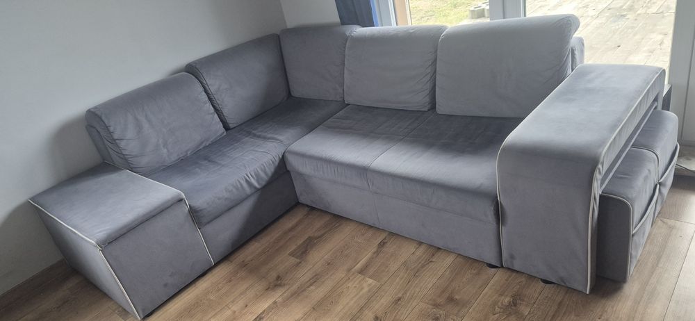 Łóżko kanapa narożna szara 4 pufy