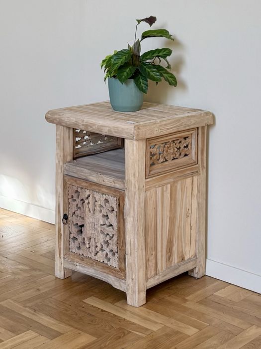 Szafka surowe drewno tekowe nakastlik RTV nocna jasna boho gramofon