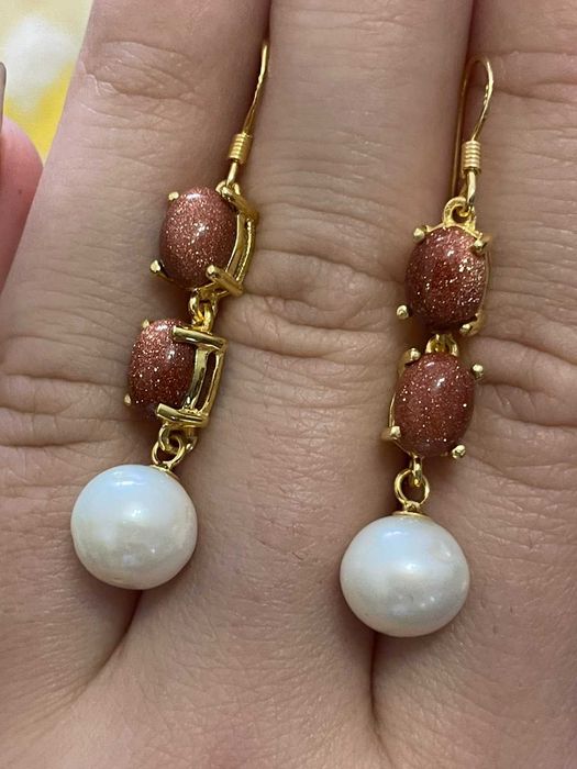 Серебряные серьги жемчугом 9мм и золотым песком