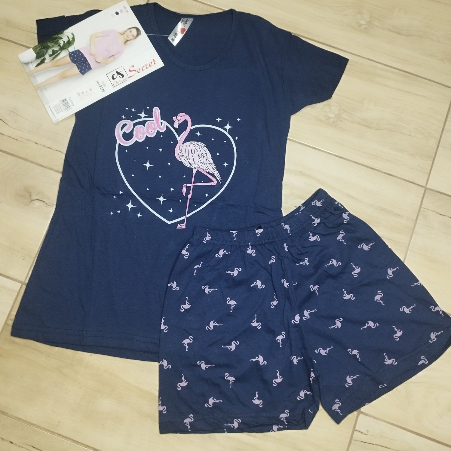 Piżama damska krótki rękaw spodenki granatowa flamingi XL