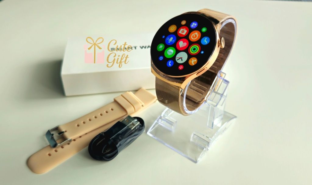 Elegancki Damski Smartwatch, Zegarek dla Kobiet, Złoty, Menu PL, Puls