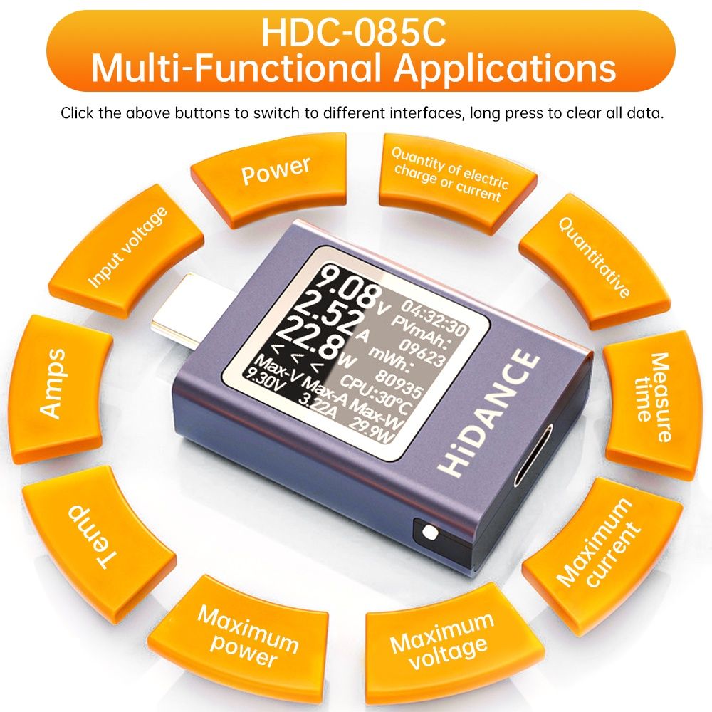USB Type-C тестер HIDANCE HDC-085C струму, напруги, ємності