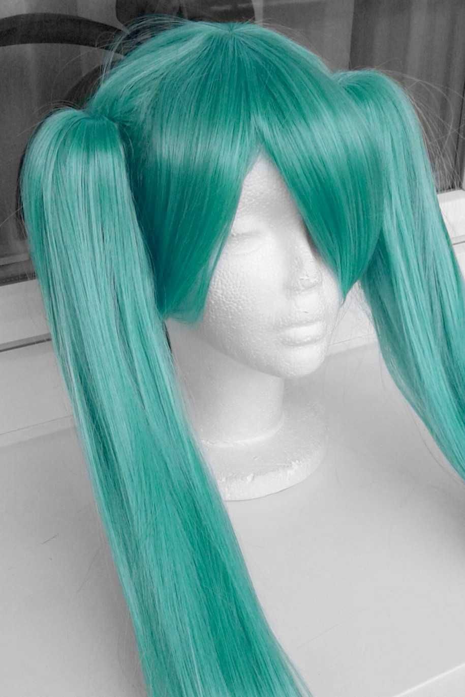 Miku Vocaloid turkusowa długa peruka z kitkami cosplay wig
