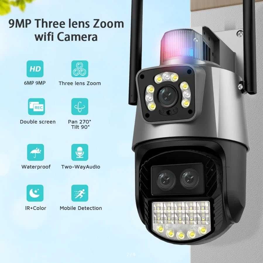 Поворотная уличная камера P15QS три объектива 8хZOOM сирена Ai iCSee
