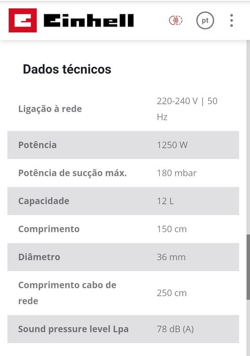 Aspirador de Sólidos, Líquidos e Pó 12L - 1250w Einhell
