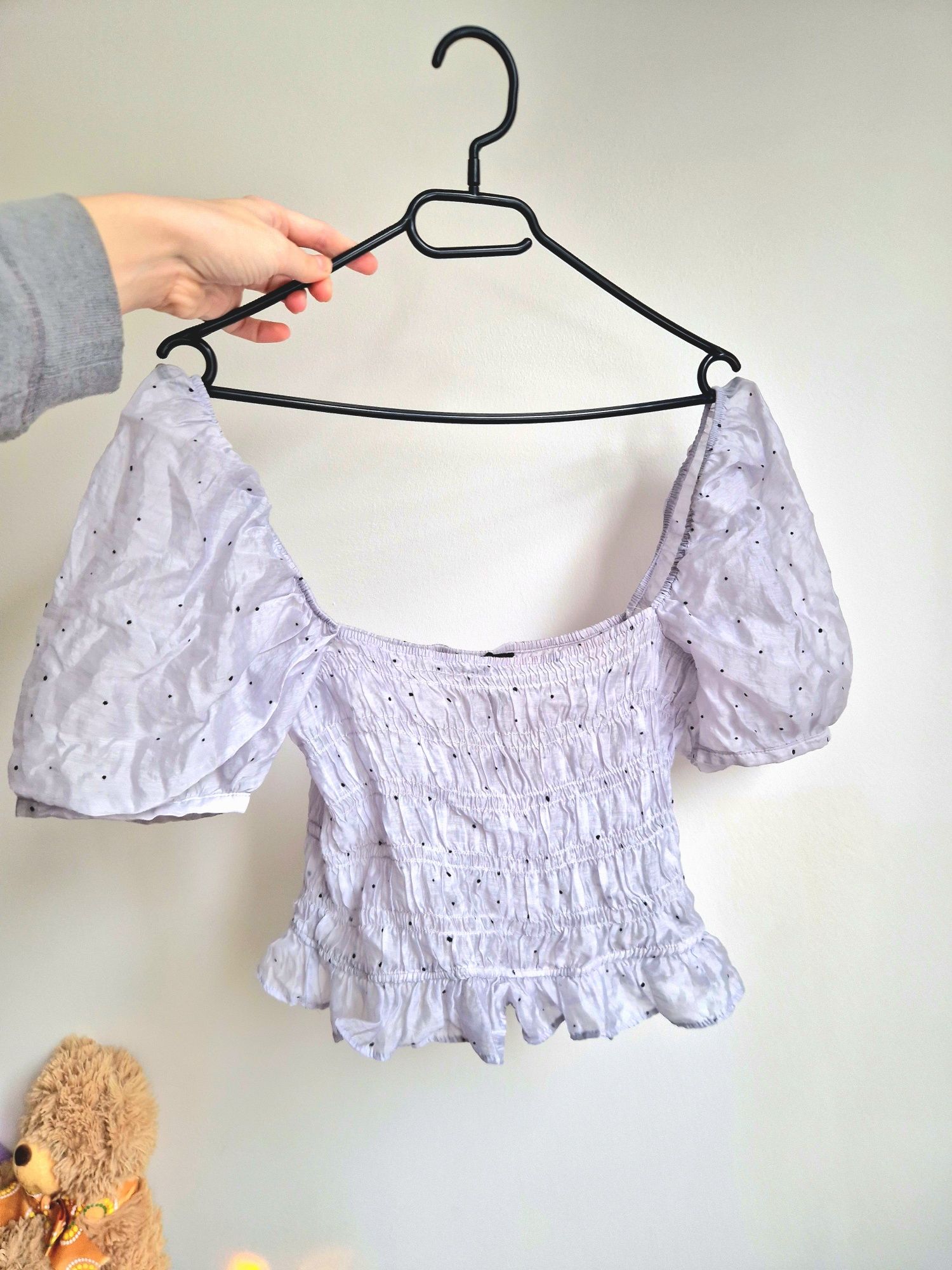 Liliowy top, Koszulka Zara – rozmiar M, jak nowa, w kropeczki, letnia