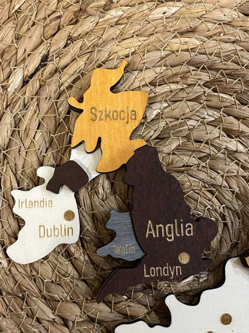 Drewniana mapa Europy + Anglia 3D Miasta dekoracja ścienna