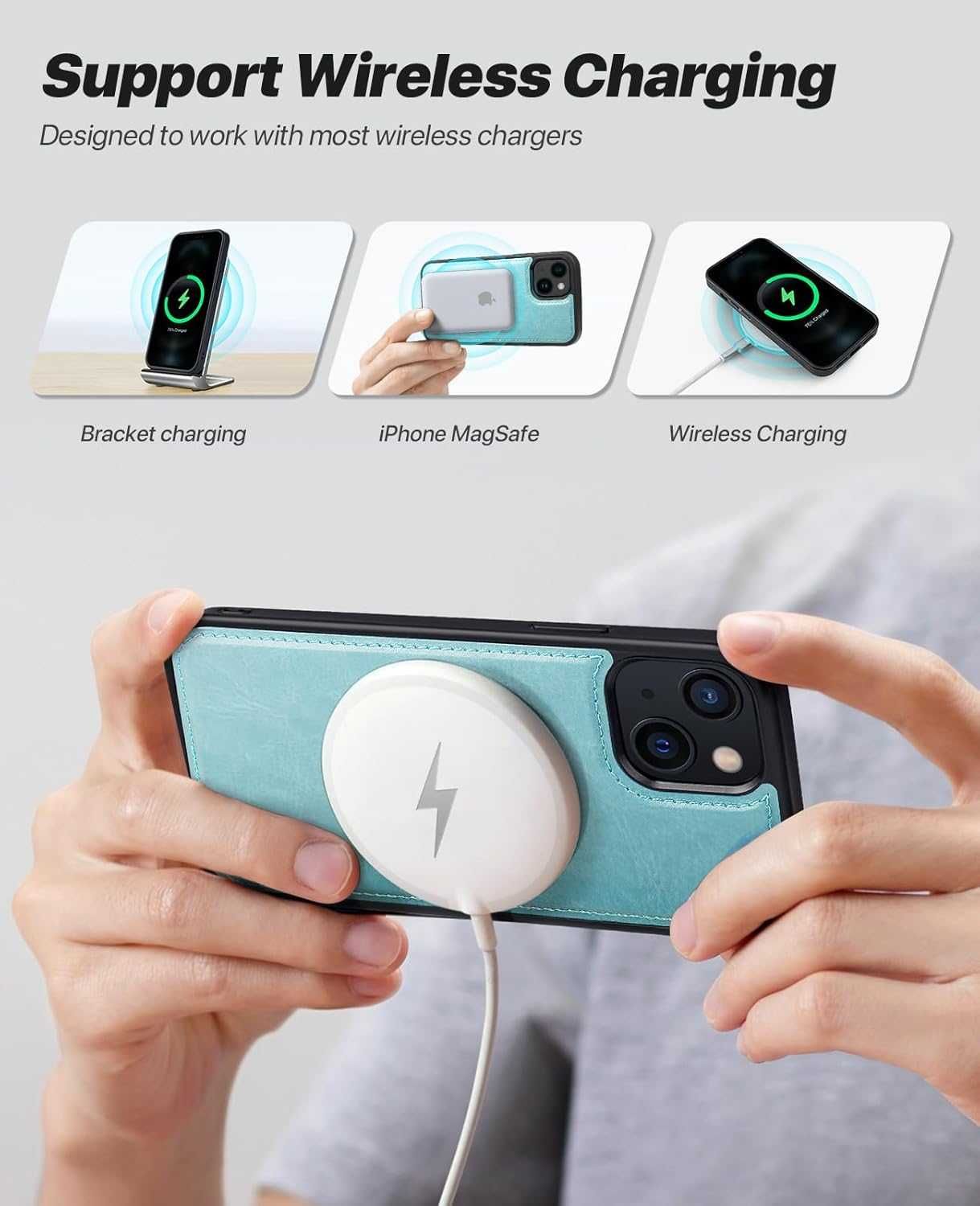 Ocase etui skórzane iPhone 15 magsafe stojak miętowe turkus 2w1