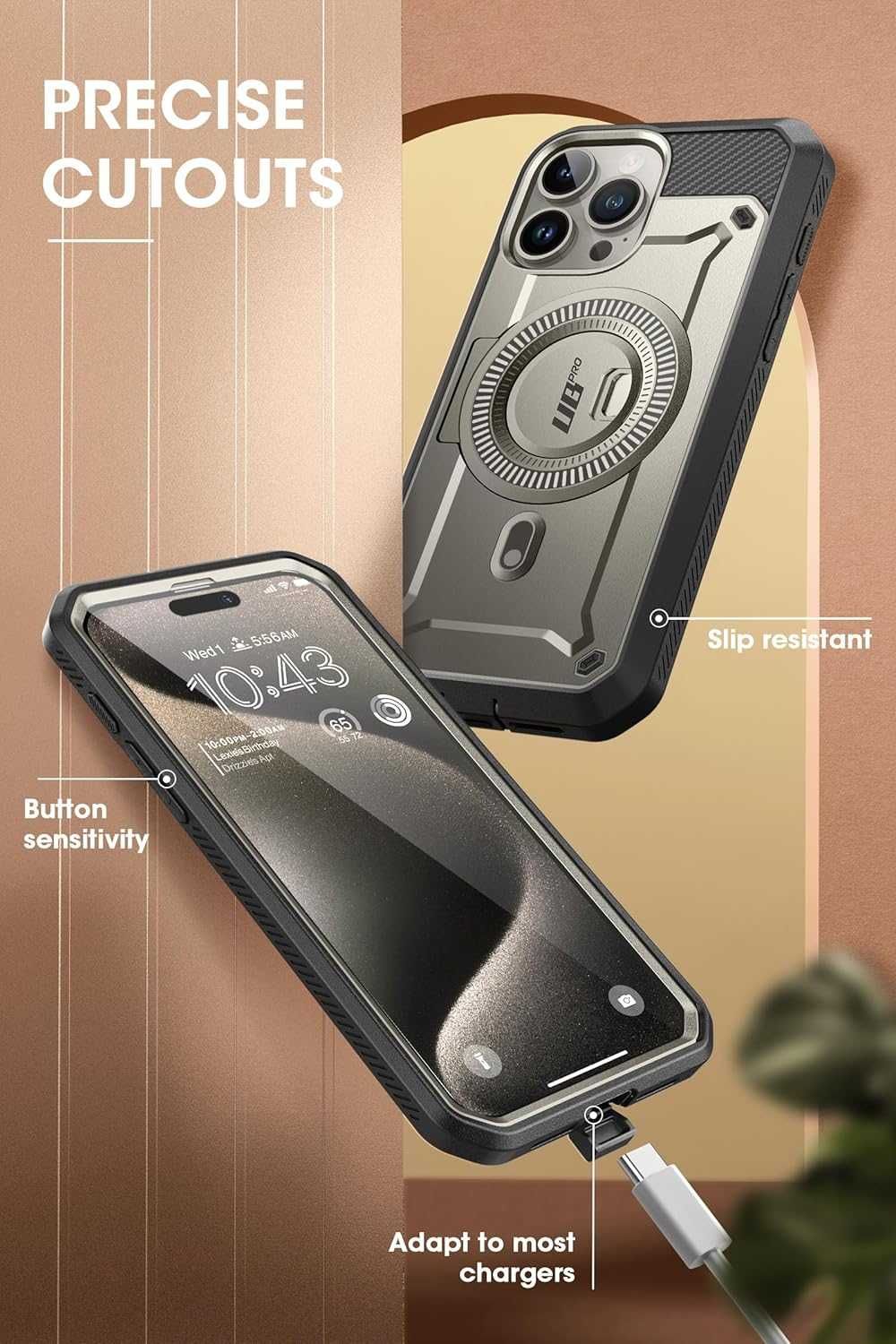 SUPCASE UB PRO etui MagSafe do iPhone 15 PRO 6.1 pancerne stojak szare