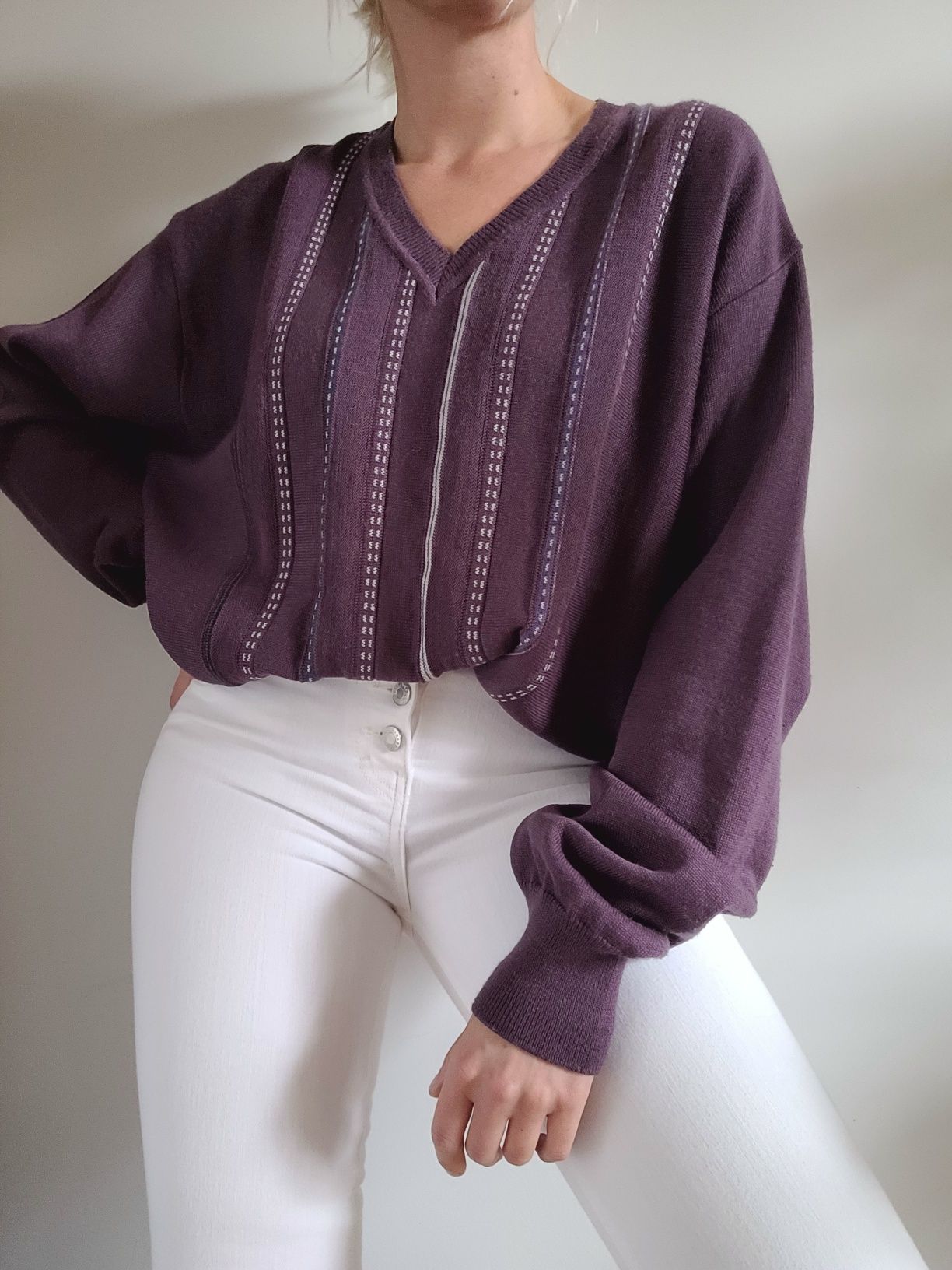 Fioletowy wełniany sweter oversize oldschool PRL vintage