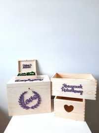 Zestaw dekoracji ślubnych drewniane koperty obrączki Koszyczki