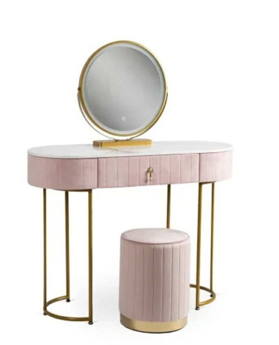 Toaletka z Lustrem LED ASHLEY Różowa z Szufladą i krzesłem pufą