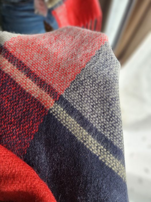 Nowy Duży Miękki Szal Pled w Czerwoną Kratę Granat Szary Cotton Trader