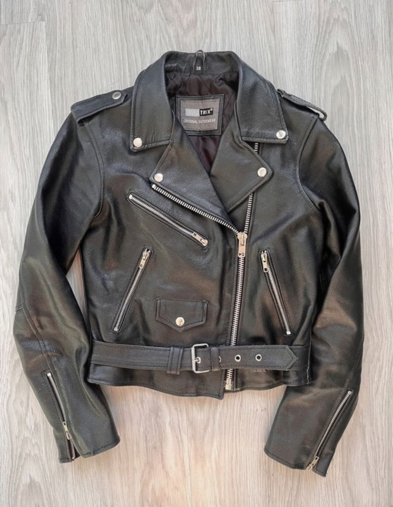 Ramoneska skóra naturalna biker zamki vintage unikat 38 metal