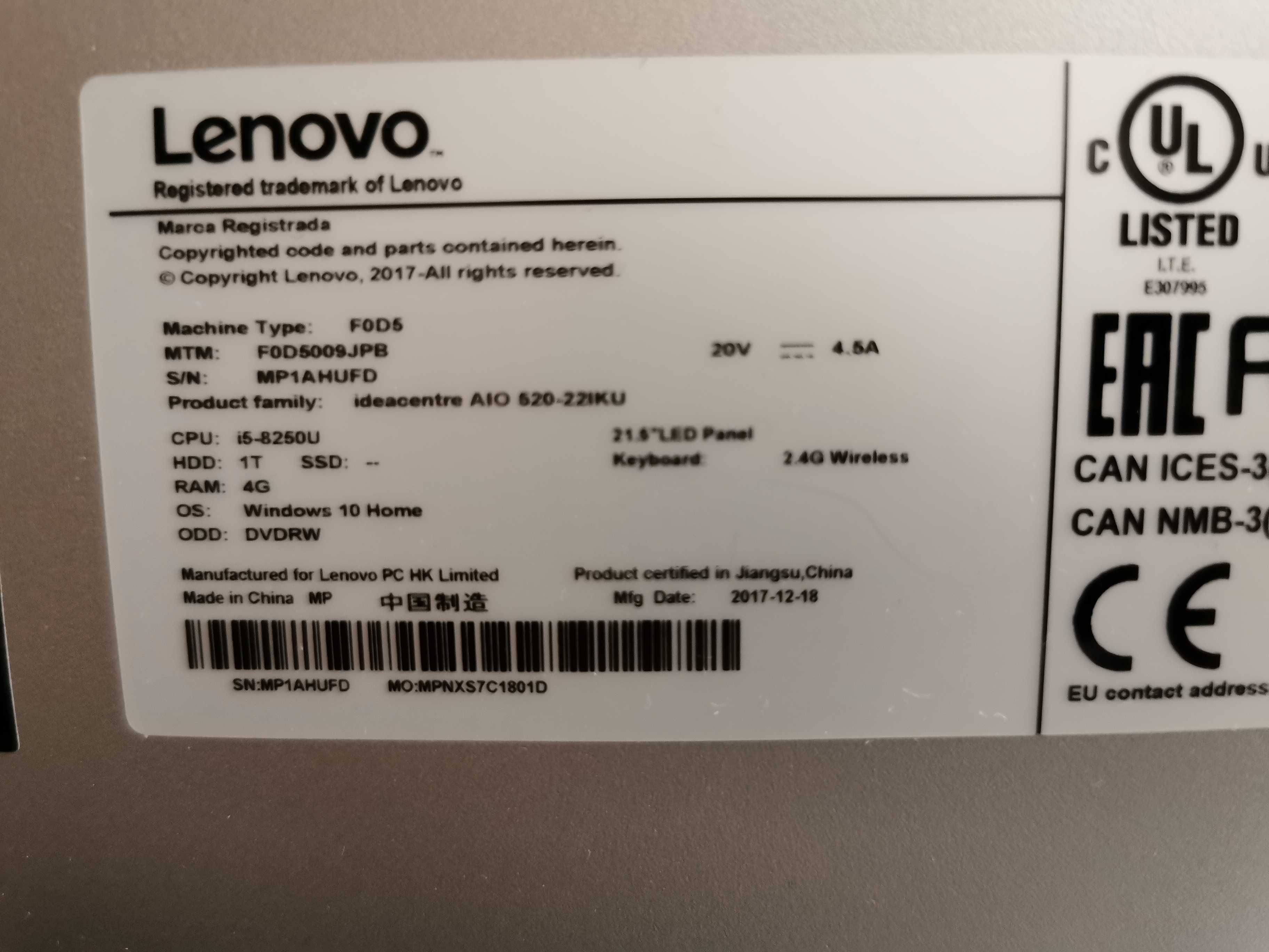 Lenovo AIO 520-22IKU i5 + 8GB RAM + dysk m2 512 GB na gwarancji