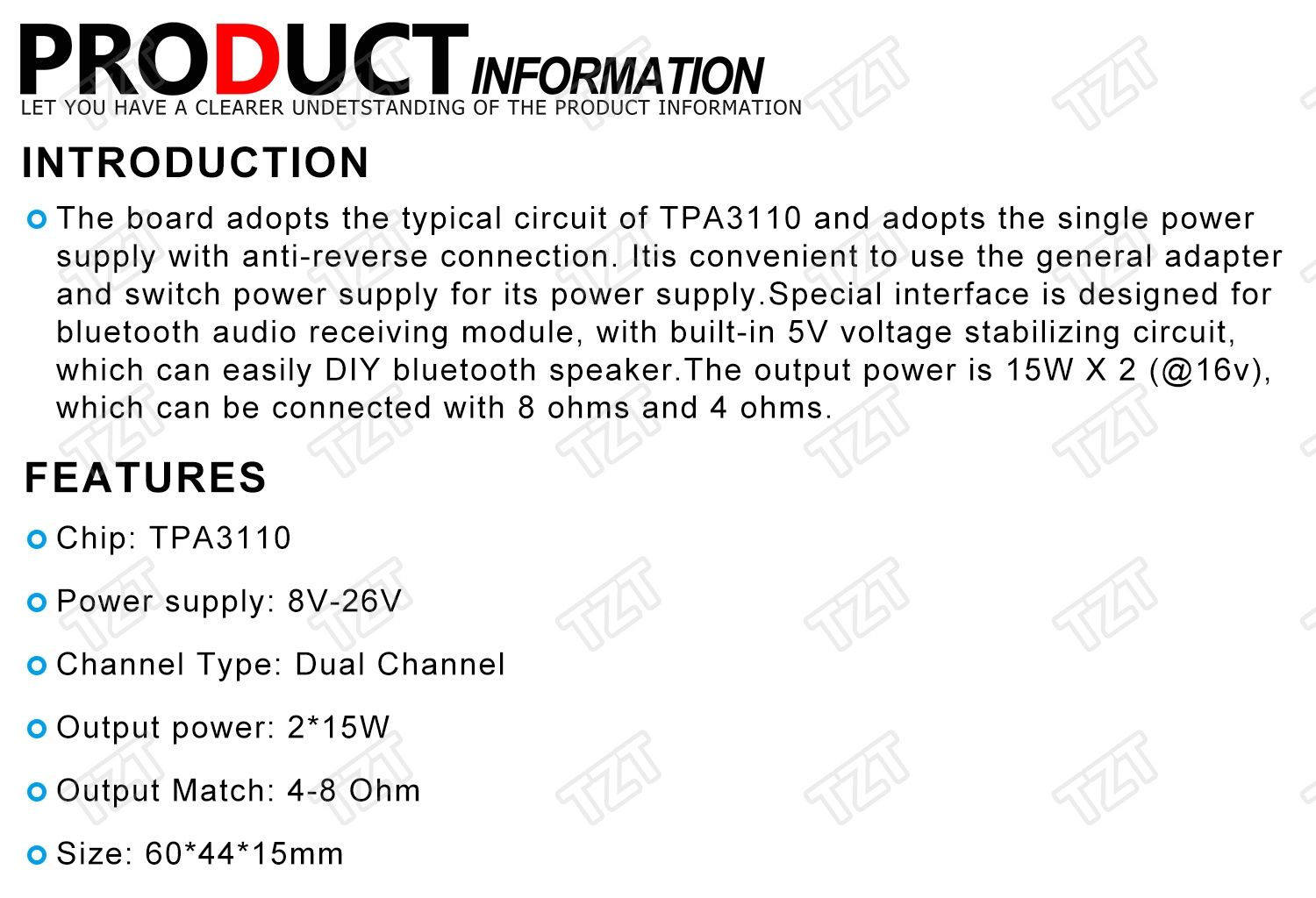 Усилитель мощности TPA3110 2*15 W. Питание DC 12-24V. Стерео, аудио.