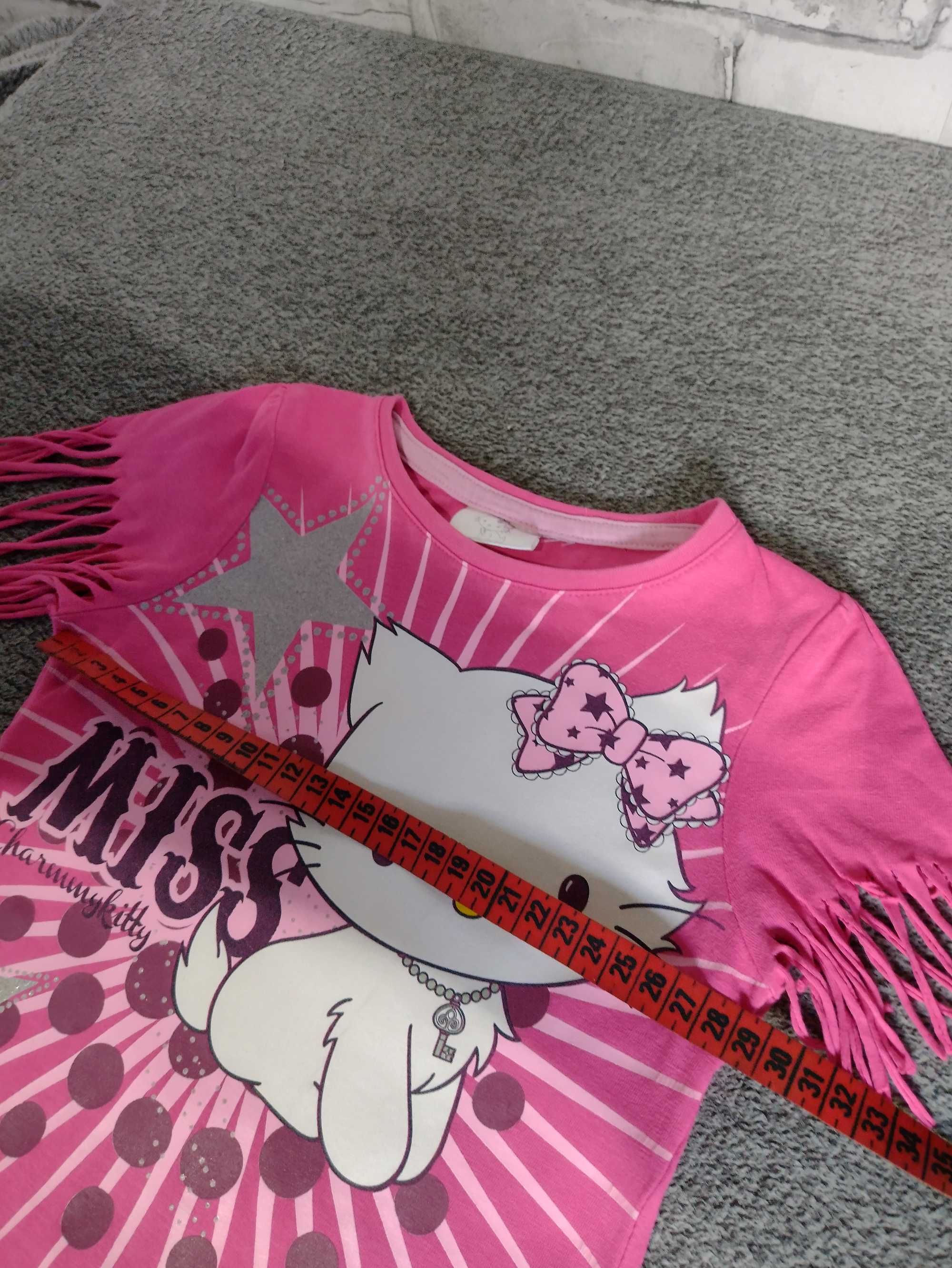 fuksja różowa koszulka 98 bluzka frędzelki Hello Kitty z kotkiem kotek