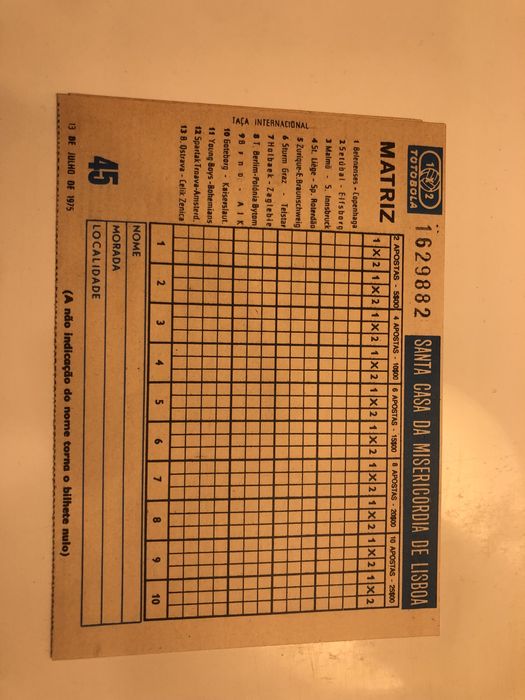 Boletim Totobola - 1975 - Taça Internacional - Novo