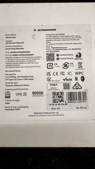 Ultrahuman Ring AIR S14 Silver, 14, novo