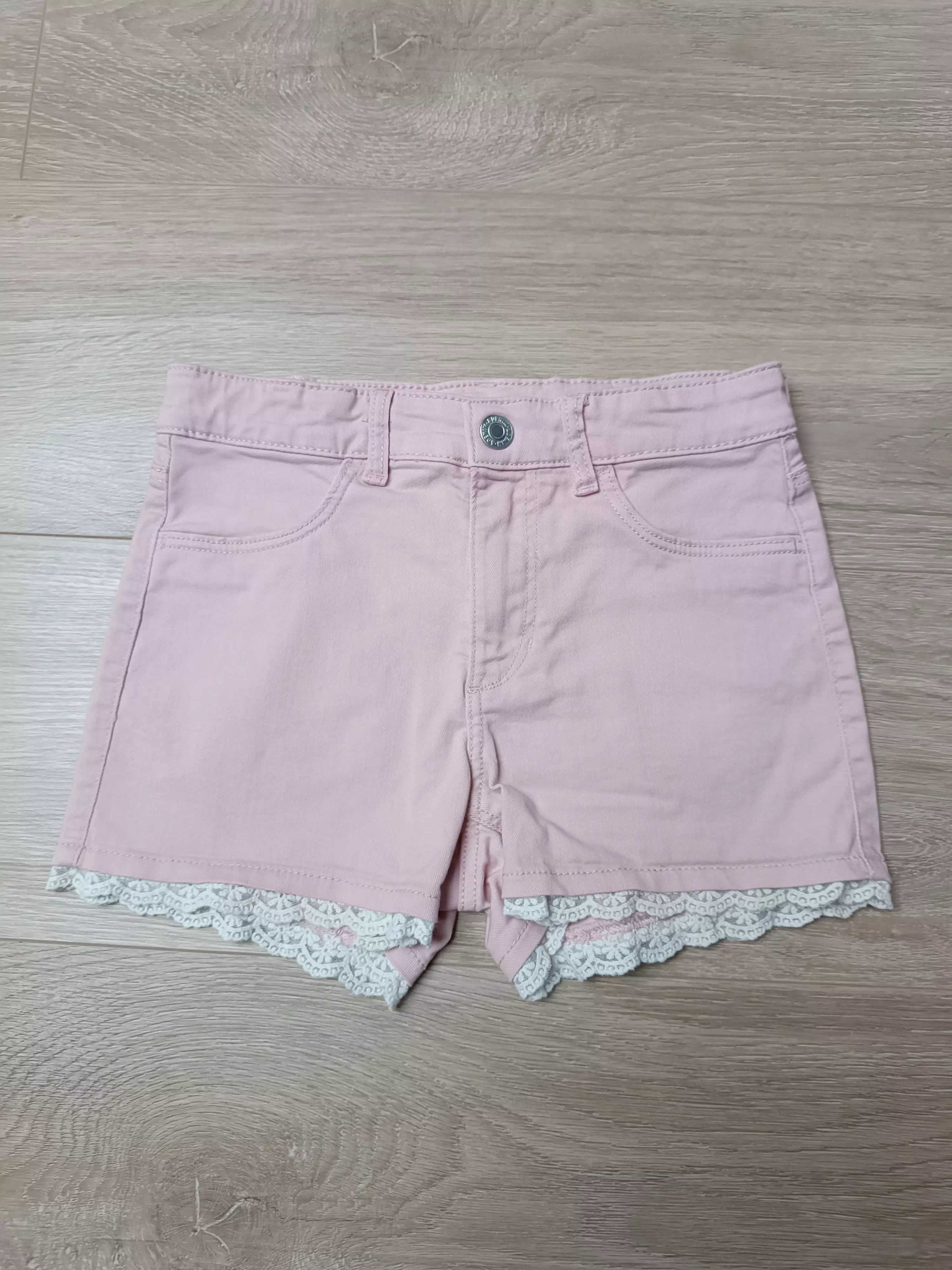Spodnie spodenki szorty blady róż koronka regulowany pas 'H&M' 134