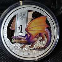 Серебряная монета Дракон 1 доллар 2014 Тувалу 31,1 грамм 999 пробы