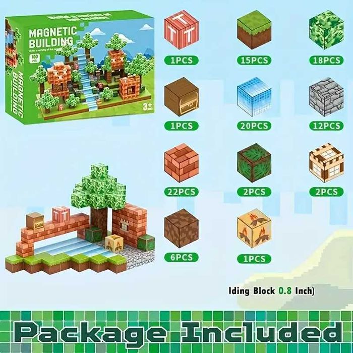 Магнітний конструктор Minecraft 100 шт кубики   ліс та водоспад