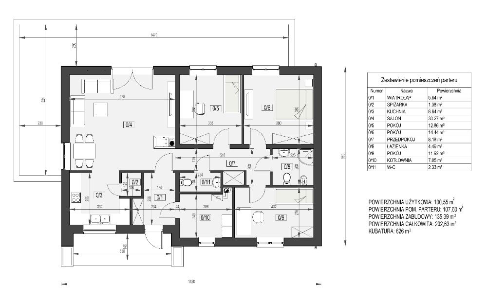 Projekt domu parterowego 108 m2 dach dwuspadowy, projekt typowy gotowy