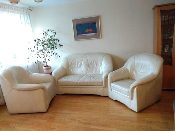 Zestaw wypoczynkowy skórzany, sofa i dwa fotele