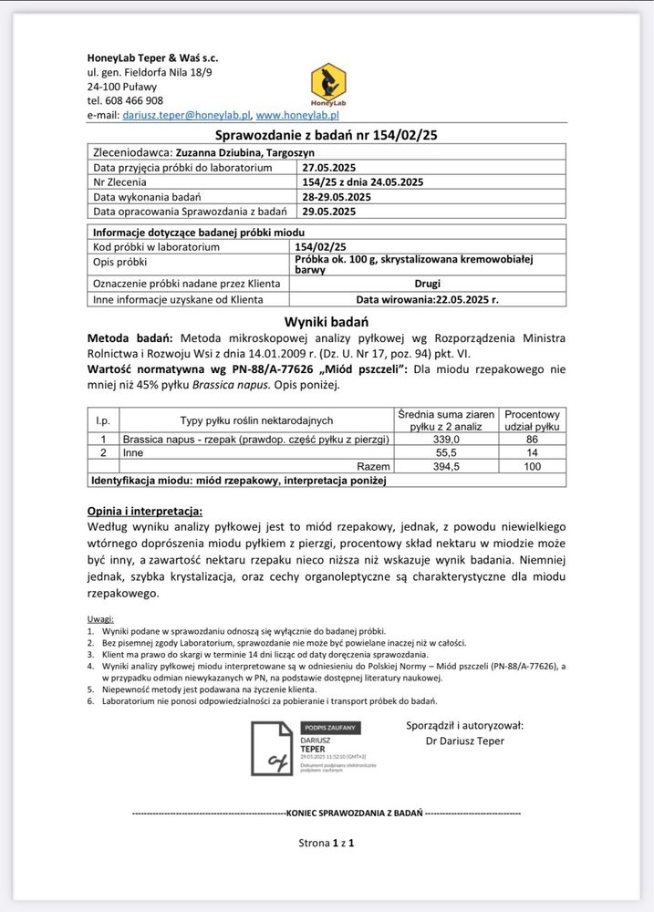 Miód rzepakowy 1200g tegoroczny
