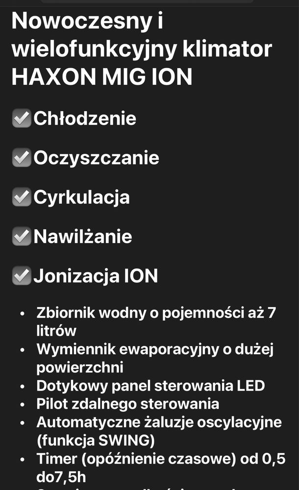 Haxon Mig 65W 7l klimatyzator jonizator oczyszczacz nawilżacz