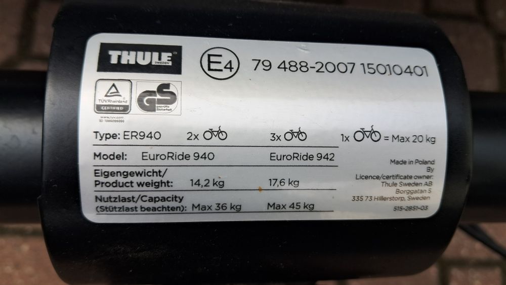 Bagażnik rowerowy na hak samochodowy  Thule Euroride940