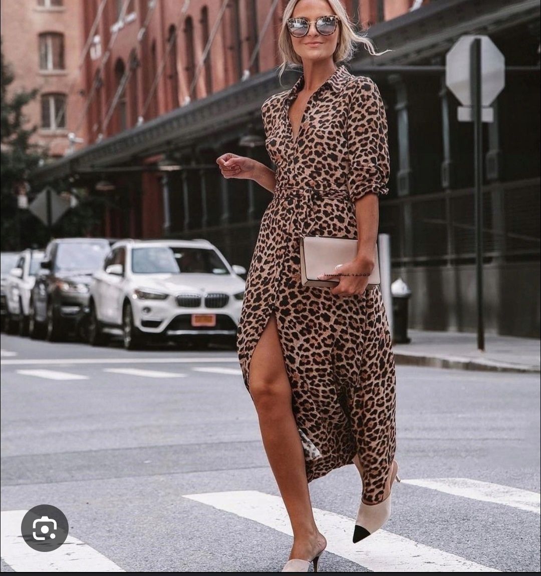 Sukienka midi Zara 44 xxl długi rękaw viscose print koszulowa pantera