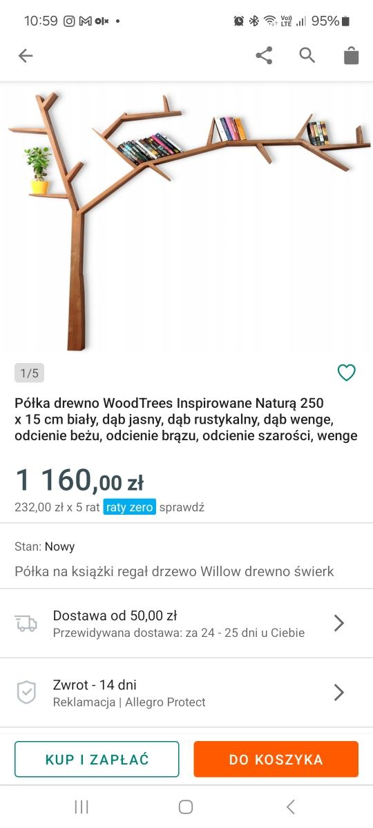 Półka drzewo - dąb rustykalny, półka na książki