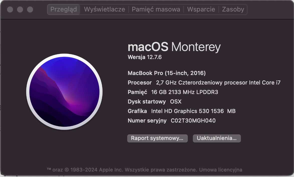 Macbook Pro, 15 cali, 2016, Inter Core i7,  16GB ram, 1TB SSD