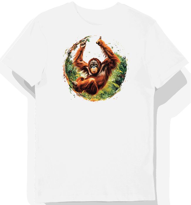 Koszulka męska biała z motywem rudego orangutana w dżungli L