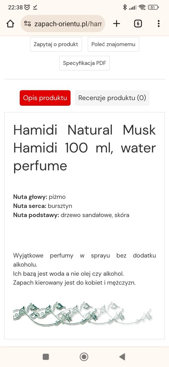 Hamidi natural Musk hamidi woda perfumowana bez alkoholu