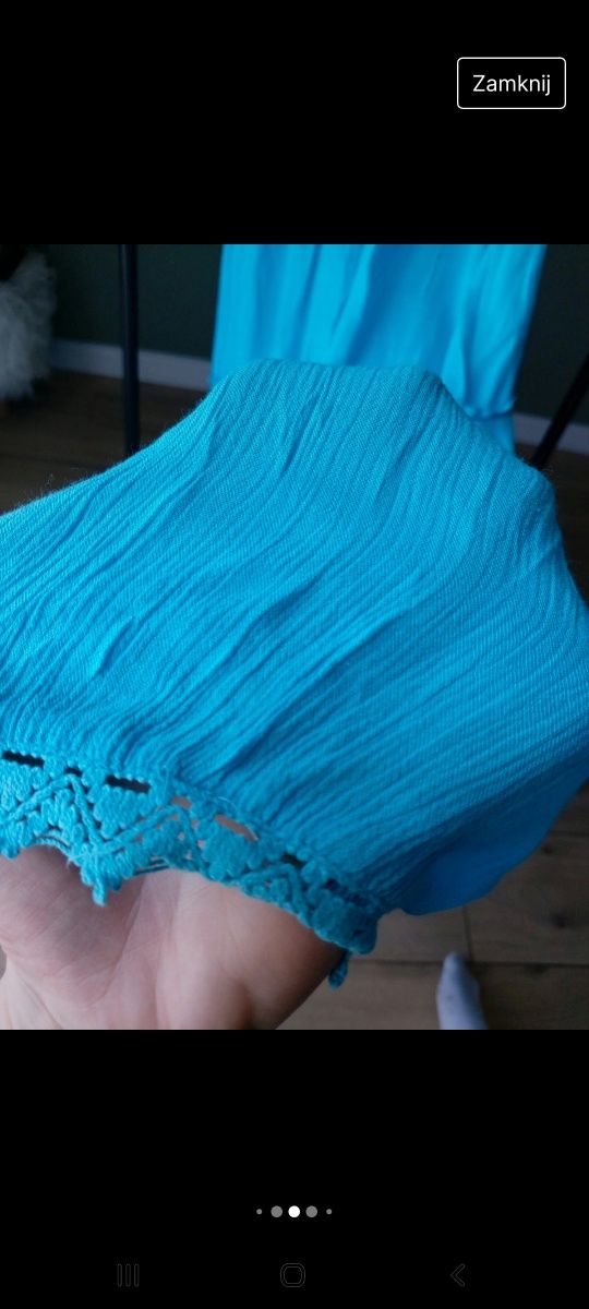 Niebieska sukienka damska na ramiączkach za kolano Rozkloszowana baweł