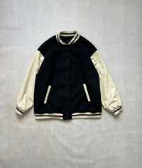Bomber Jacket vintage oversize baggy wool / leather sleeves 73x67 cm