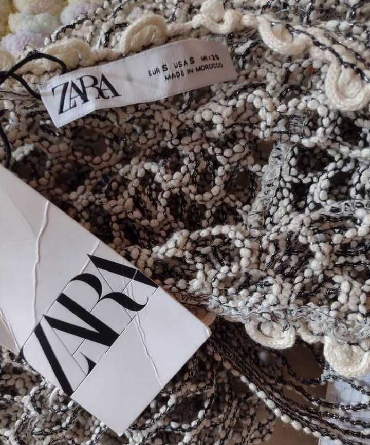 (36/S) ZARA/ Długa, ażurowa sukienka plażowa ze srebrną nitką, NOWA