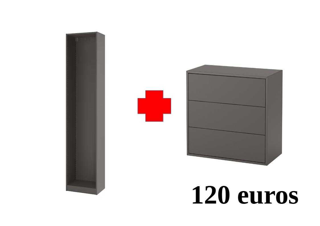 Roupeiro Pax Cinza + cómoda Eket cinza 3 gavetas