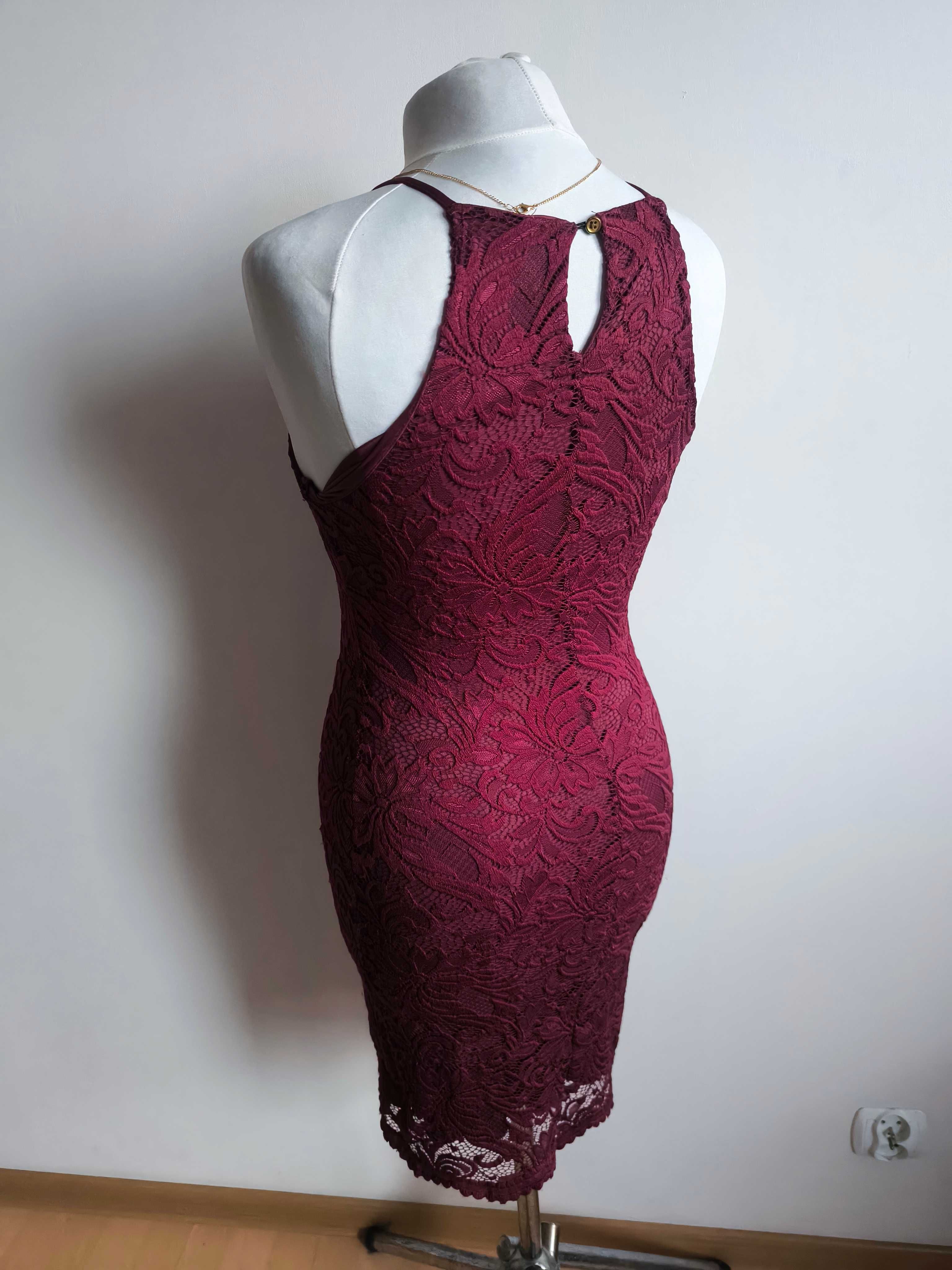 Bordowa elegancka koronkowa sukienka marki New Look w rozmiarze S/36