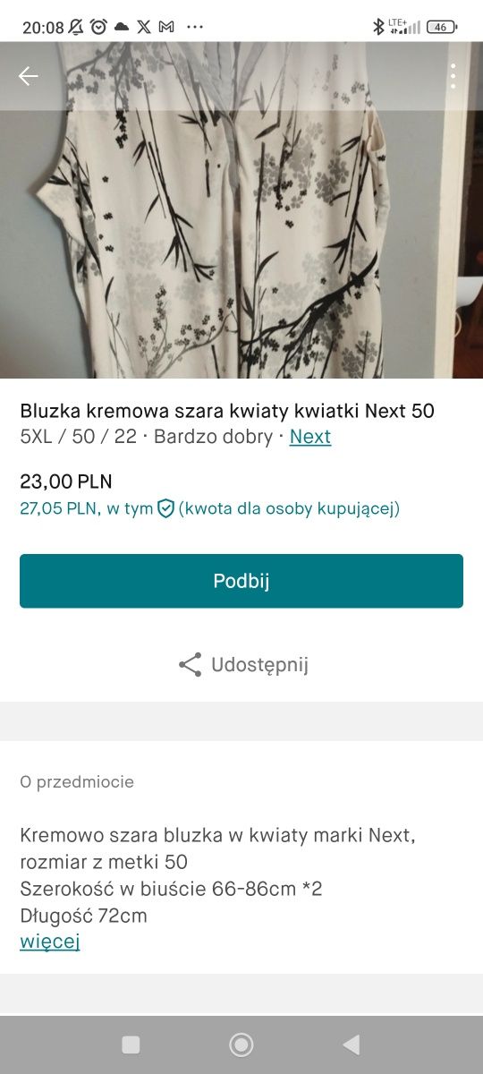 Kremowa szara bluzka kwiaty kwiatki Next 50