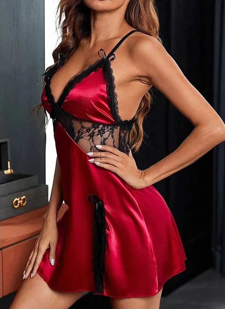 koronkowa patchworkowa satynowa Slim Fit damska piżam czerwona XL
