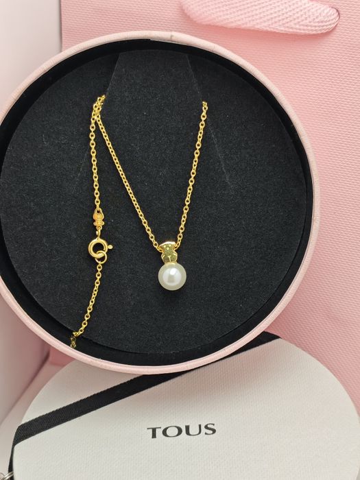 Naszyjnik z misiem żółte srebro vermeil 925 z perłą naturalną