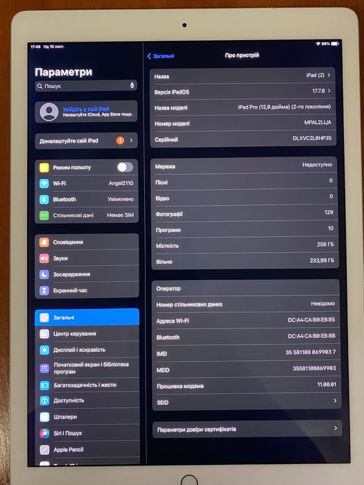 Ipad 12.9 2Gen 256GB