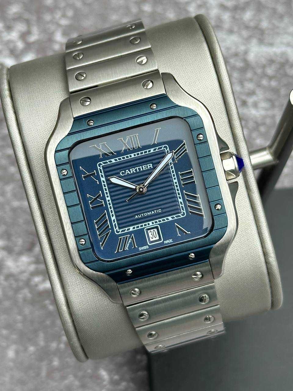 Швейцарские часы Cartier Santos Silver-Blue Classic. Топ качество